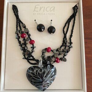 Erica Lyons Beaded Necklace and Earring Set with Blown Glass Pendant